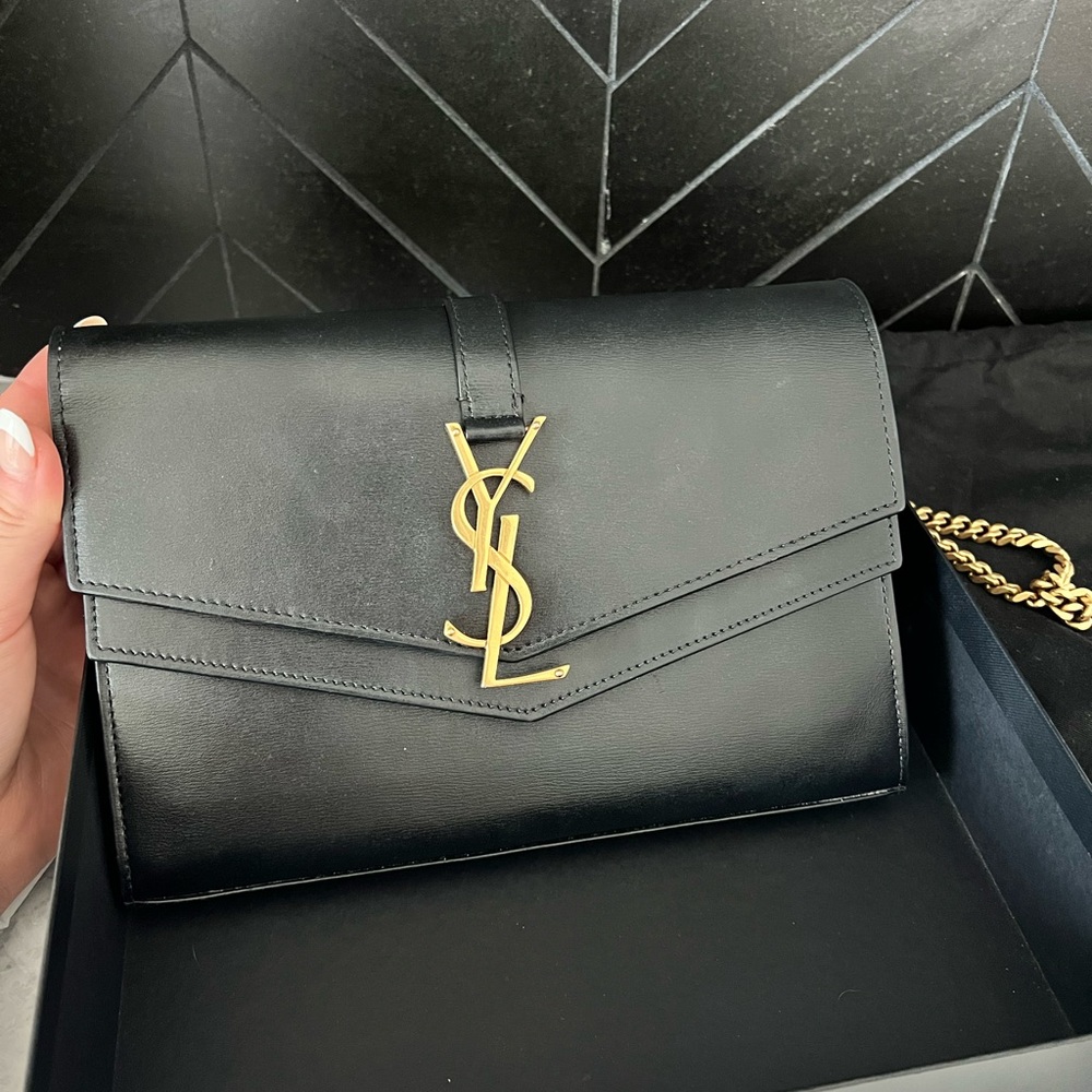 Saint Laurent Monogram Sulspice Black Leather Chain Wallet